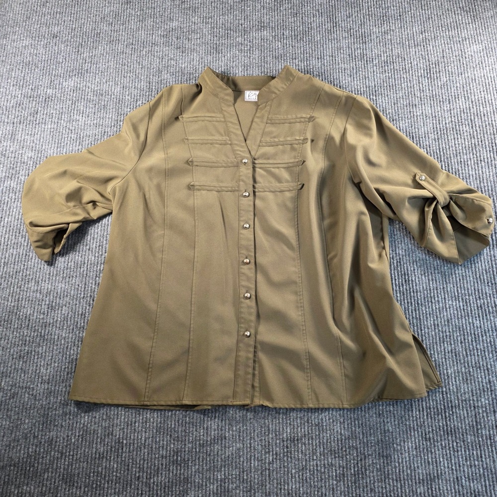 Cathy Che Stretch Womens Plus 22/24W Olive Green Button Up Blouse 3/4 Sleeve Top